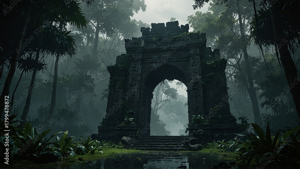Fototapeta premium Lost temple gateway hidden by jungle mis