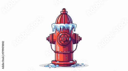 Frozen hydrant top bright red fireplug with sharp icicles and melting snow on white ground, concept of winter city utilities