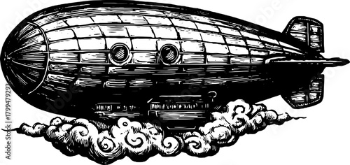 Vintage airship illustration in outline style. Classic transportation set surrounded by clouds in black and white vector format.