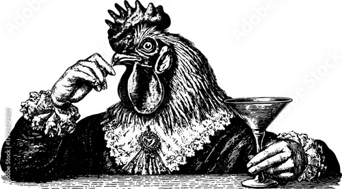 Vintage rooster illustration holding a cocktail glass. Unique black and white vector illustration featuring a fancy character with elegant details.