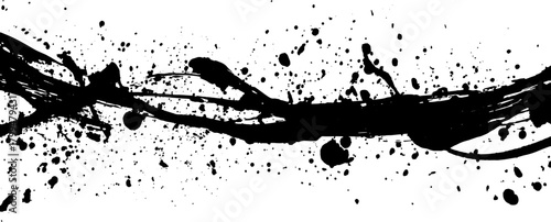 Black ink splash texture with dynamic strokes and spots. This modern vector illustration features clean and abstract design elements.