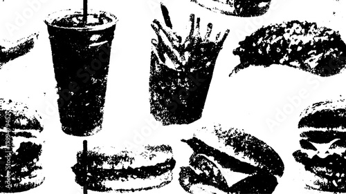 Food silhouettes including hamburgers, fries, and drinks. Vector illustration showcases fast food elements in black outline.