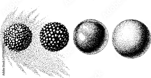 Spheres illustrated in a graphic style. Black and white dots create texture in this vector illustration set.