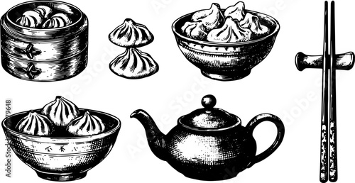 Dumplings and teapot set in retro sketch style. Includes bowls, chopsticks, and traditional kitchenware vector illustration.