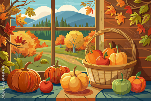 A wicker basket filled with fresh apples and pumpkins placed near a rustic window creates an abundant, festive autumn mood with seasonal warmth and copy space overlooking a colorful forest landscape.