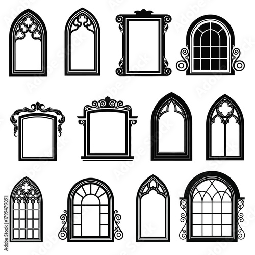 A collection of twelve black and white silhouettes featuring various vintage window and frame designs, including Gothic arches with tracery and ornate Baroque-style frames with scrolls