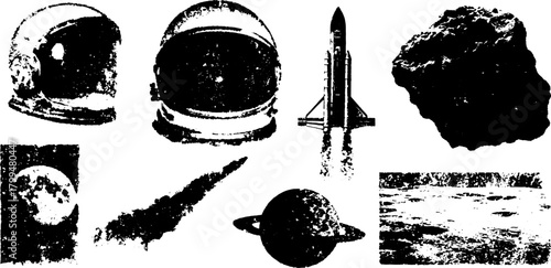 Space theme featuring astronaut, rocket, moon, and planet in a grunge style. This digital vector illustration set includes unique cosmic elements.