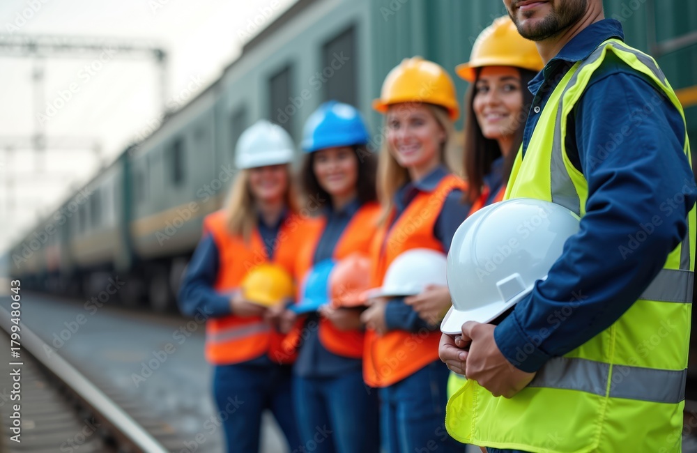 Obraz premium Diverse team of pro engineers stands in row. Workers wear bright safety vests, hold hard hats next to train tracks. Men, women smile, showing teamwork, cooperation in modern transport industry, tech