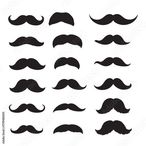 Collection of various black mustache silhouettes isolated on a clean white background for design elements isolated on white background