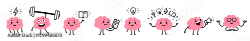 Vector set of illustration of happy brain pink character with different object on white color background. Flat doodle style design of collection of strong and smile healthy brain