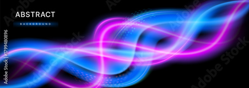 Vector background with blue and pink light. Futuristic technology flow wave with modern abstract speed movement. Speed glow effect on black background