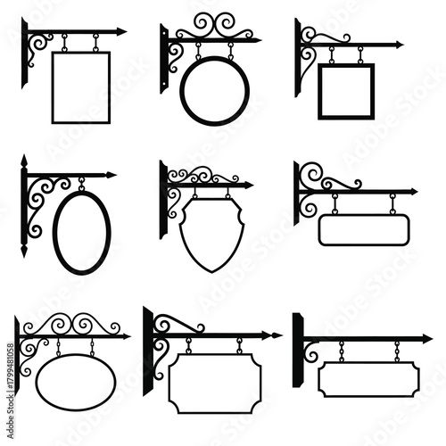 Collection of nine vintage-style hanging signs in black silhouette, featuring ornate wrought iron brackets with scrolls and various blank sign shapes like oval, circle, and shield