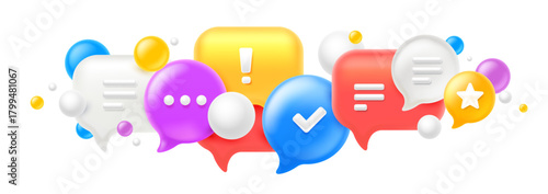 Vector illustration of cloud of different size shape speech bubble on white color background. Realistic social media symbol of communication icon. 3d style design of speech bubble