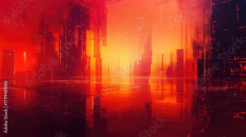 Abstract glowing futuristic cityscape reflecting orange red light