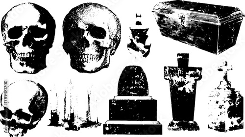 Collection of skulls, tombstones, and a coffin in vintage style. Dark vector illustration with gothic themes and detailed graphics set.