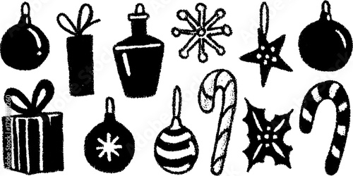 Holiday ornaments and gifts in black. Simple vector illustration set featuring stars, balls, and candy canes.