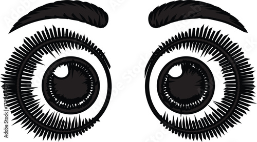 Wide open cartoon vector eyes with thick eyebrows on a dark background showing surprise or alertness