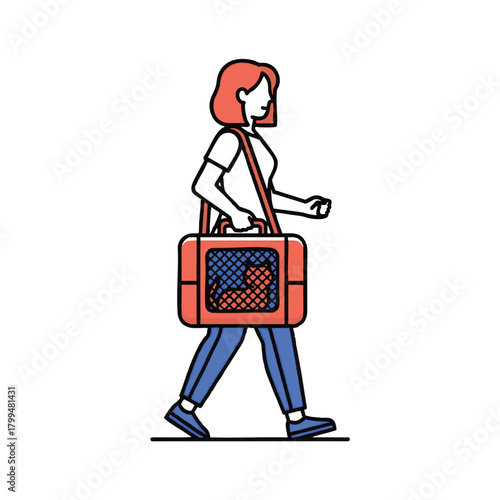 Woman walking with a cat in a carrier. The cat is visible through the carrier's mesh window.