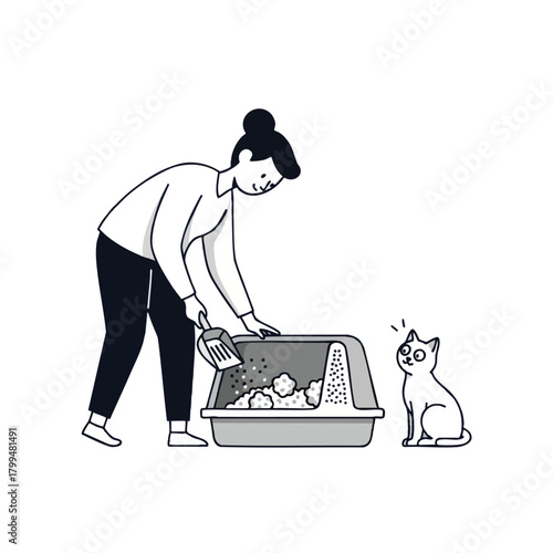 A person cleaning a cat's litter box while the cat watches curiously.