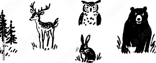 Animal silhouettes featuring a deer, owl, bear, and rabbit in a hand-drawn set. Black outline vector illustration showcasing wildlife in nature.