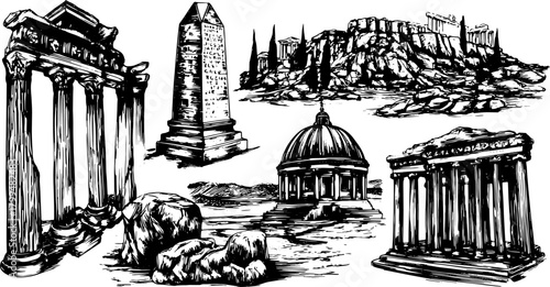 Engravings of ancient Greece structures. Vintage line drawing illustration of famous monuments in a set format for vector use.