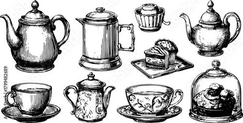 Vintage teapot and cup set. A detailed black and white vector illustration of servingware, including desserts and ceramics.