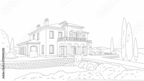 Elegant Villa Illustration with Landscaped Gardens and Classical Architectural Details a Perfect Vision of Mediterranean Luxury