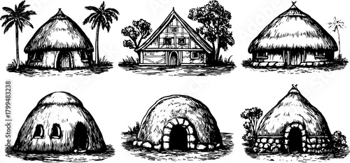 Set of hand-drawn thatched houses and buildings. Black and white architecture vector illustration showcasing a vintage style with palm trees.