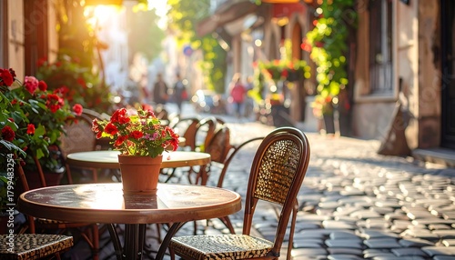 Charming outdoor cafe with sunlight, flowers, and cobblestone street