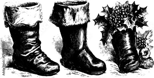 Vintage illustration of boots in silhouette style. Black engraved artwork for a decorative seasonal set, featuring vector elements.