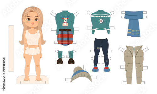 Cute paper doll set featuring a blonde girl with a collection of winter outfits, jacket, scarf, hat, skirt, sweaters, jeans. Christmas holiday DIY paper toy.