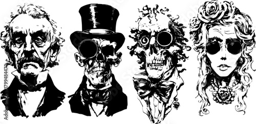 Engraved characters in vintage style. Detailed black vector illustration featuring classic portraits with intricate designs set in a gothic theme.
