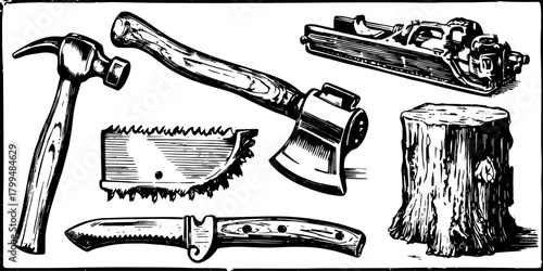 Tools vector illustration featuring a hammer, saw, axe, and knife on a stump. This hand-drawn set highlights craftsmanship in a vintage style.