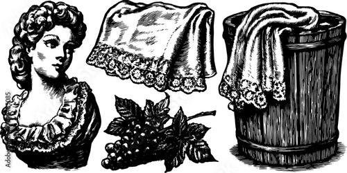 Engraving of a bust, blanket, grapes, and bucket. Detailed black and white hand-drawn vector illustration set with an antique style.