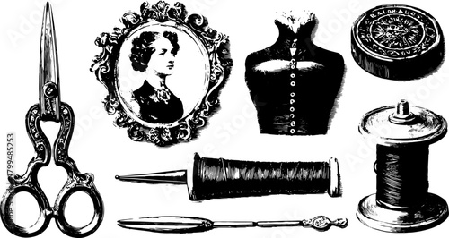 Scissors, thread, and a bust in a vintage style. This vector illustration showcases a set of sewing tools and accessories.