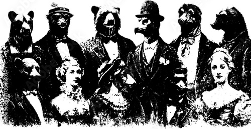 Vintage engraving of anthropomorphic animals in elegant costumes. This vector illustration showcases a unique group representation in detailed outlines.