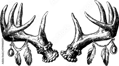 Vintage antlers illustration with feathers and jewelry details. Black and white graphic set for classic design.