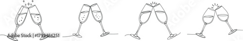 One Line Champagne Toast Glasses Minimal Celebration Clipart Set