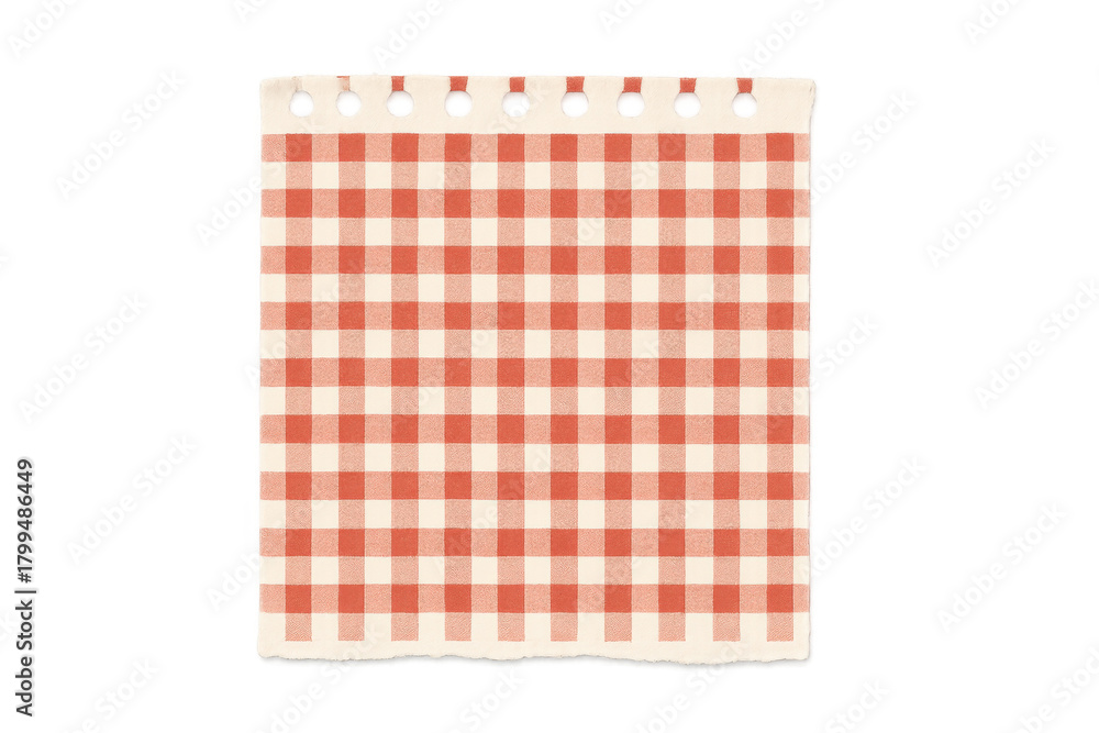 Obraz premium Paper sheet featuring a classic red and cream gingham pattern, torn edges, and holes at the top for binding, on transparent background