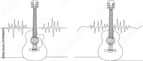 Minimal Acoustic Guitar with Music Wave Line Art for Modern Designs