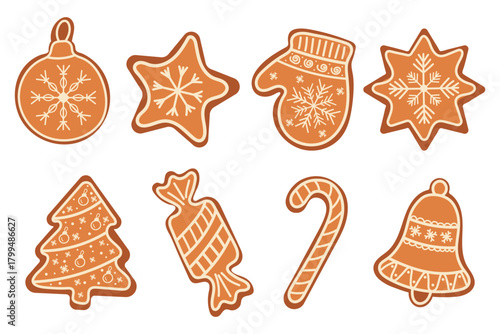 Set gingerbread cookies. Traditional Christmas cookies made from ginger dough. New Year stickers. 