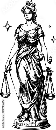 Justice statue. Vintage engraving of a lady holding scales and a sword, symbolizing fairness and authority in a classical vector illustration.