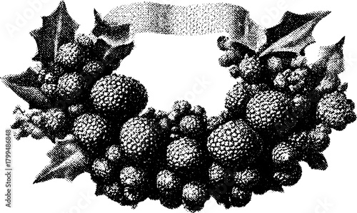 Holly wreath with berries and leaves in vintage style. Decorative black and white vector illustration for festive designs.