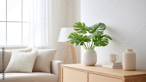 Serene and minimalist living space bathed in natural light showcasing a lush green monstera plant as a focal point on a contemporary wooden sideboard