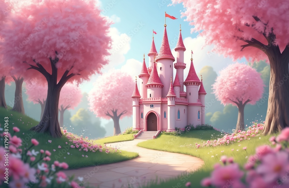 Naklejka premium Fairytale castle with pink towers set in lush green park blooming with pink cherry blossoms. Winding path leads to grand entrance. Blue sky with fluffy clouds above.