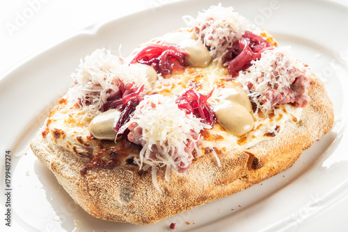 Wallpaper Mural Gourmet open-faced sandwich on focaccia bread with pastrami, melted cheese, and pickled red onions Torontodigital.ca