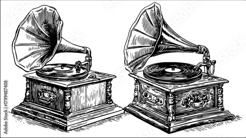 Vintage gramophones in black and white outline. Detailed vector illustration showcasing classic sound equipment in an elegant set.