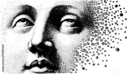 Illustration of a face with blurred features in black and white. This set showcases a dotted pattern and modern design techniques in a vector format.