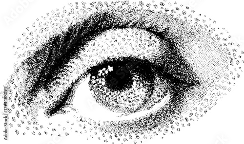 Eye illustration with detailed dot pattern in black and white. A realistic vector design featuring a textured and circular shape set.