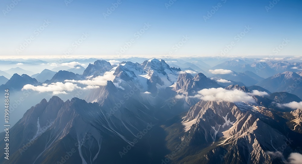 Fototapeta premium Majestic mountain range under a clear blue sky with clouds.